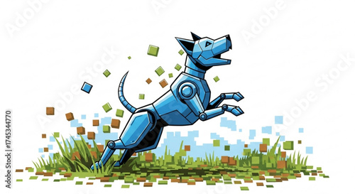 Illustration of a blue robotic dog leaping over a field of grass with pixelated squares around it