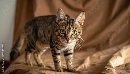 Wallpaper Mural Bengal Cat Standing Alert with Striped Markings and Expressive Green Eyes on Brown Background, Studio Lighting, Cat Looking Directly at Camera Torontodigital.ca