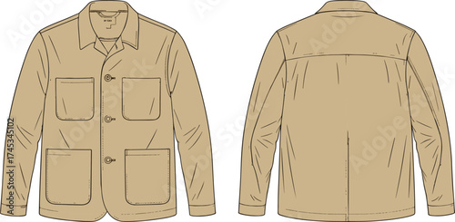 Jacket technical flat sketch, front and back view, classic collar, button closure, patch pockets, tailored outerwear design, cad drawing flat vector illustration