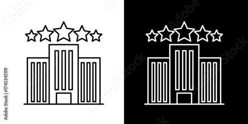 Vector line icon of a five star hotel building representing luxury accommodation hospitality excellence and high quality service in minimalist black and white outline style