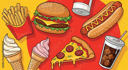 Illustration of fast food items including burger fries pizza hotdog ice cream and a soda drink view