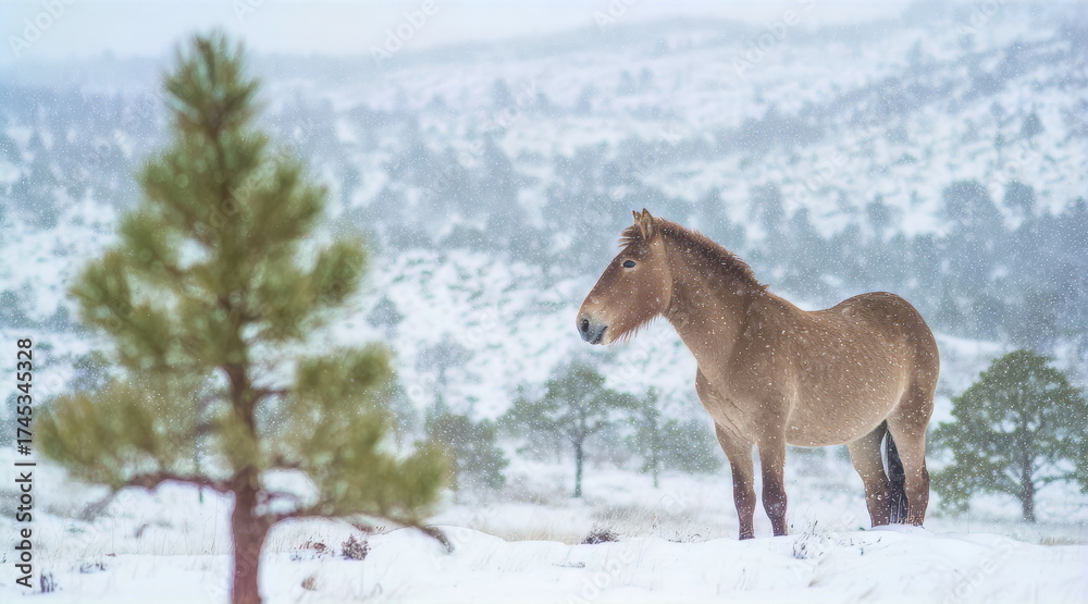Fototapeta premium Przewalski's horse is standing an open space, buffeted by winter blizzard with snow. This wild horse captures the spirit of untamed winter survival.