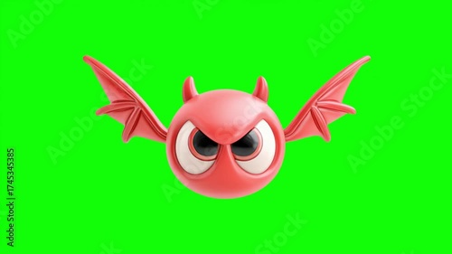 Happy halloween A 3D-rendered red cartoon creature with bat wings  green screen background seamless looping video motion 4k, featuring large eyes and small horns, Ideal for Halloween, gaming
