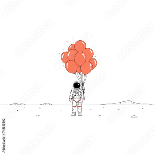 Astronaut on the moon holding orange balloons in space.