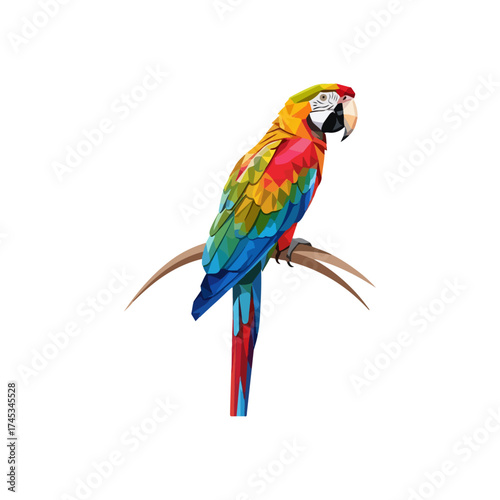 Colorful macaw perched on a branch, vibrant feathers displayed.
