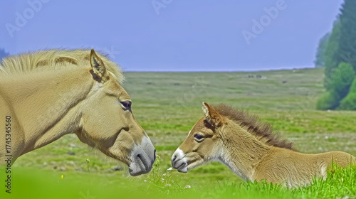Close up photo of a Przewalski's mare and her foal, nuzzling each other in a secluded grassland. The two beautiful animals rest in tall summer grass.