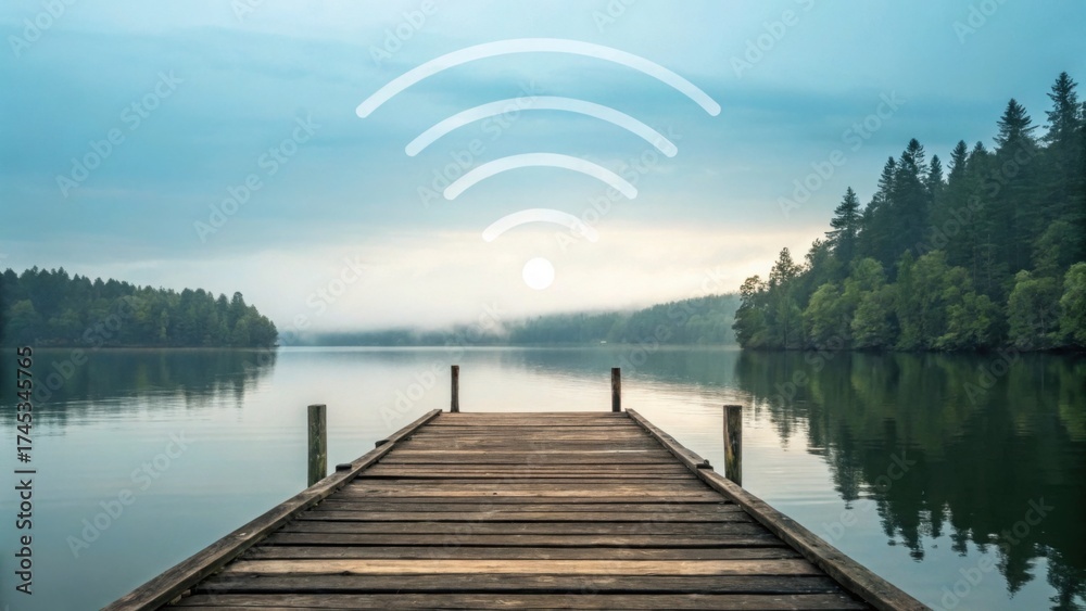 Fototapeta premium Serene Lake View with Dock and Digital 5G Signal Waves