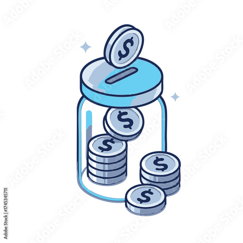 Money-saving and investment concept. Isometric illustration of a glass jar money box with falling silver dollar coins.