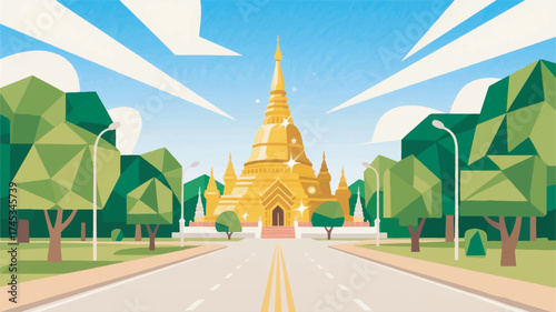 Illustration Of Uppatasanti Pagoda Gleaming In Gold With Wide Empty Roads And Green Trees Vector Design Template