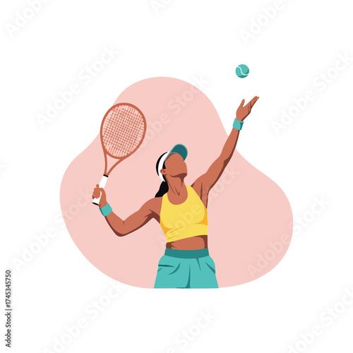 Tennis player serving the ball during a match.