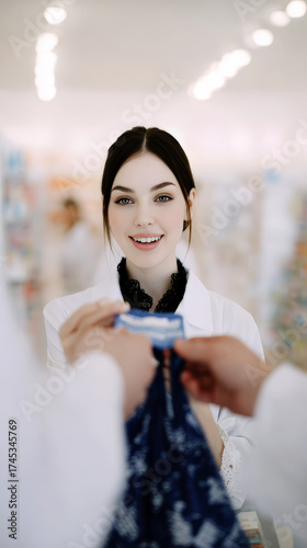 Close up photo of a reassuring female pharmacist, smiles gently while handing a blue bag with medicines to a customer. Her focus is on patient care.