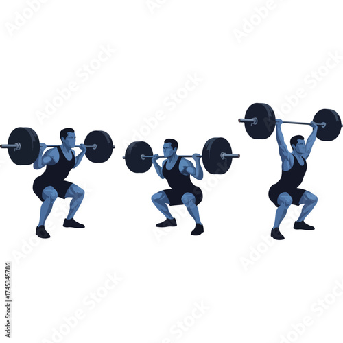 Weightlifting Exercise Sequence - Squat, Lift, and Overhead Press.