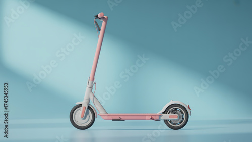 A minimalist product photograph of a modern electric scooter against a light blue gradient background.