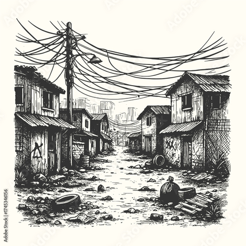 Narrow alley in an urban slum with tangled wires and old houses, detailed in vintage hand-drawn style.