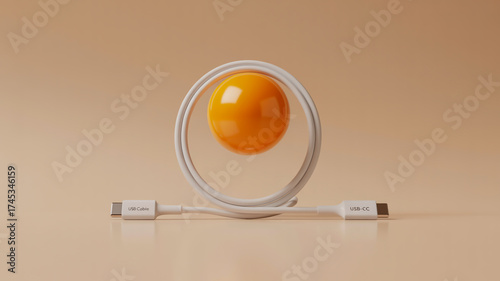 A minimalist product photography composition of a white USB-C charging cable arranged in an egg shape against a solid beige background.