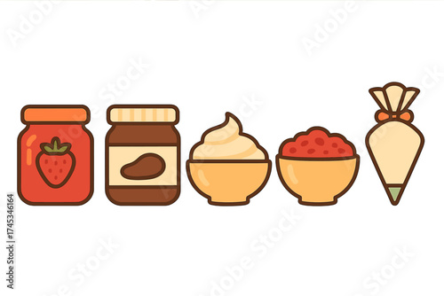 Jars of strawberry jam and chocolate spread alongside bowls of frosting, berry filling, and a pastry piping bag