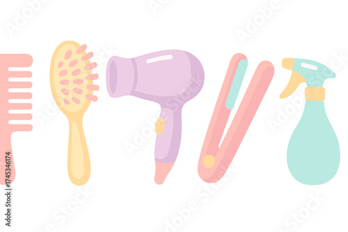 Pastel colored hair styling tools including comb brush dryer and flat iron set
