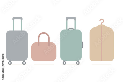 Minimalist set of travel luggage items including rolling suitcases and duffel bag
