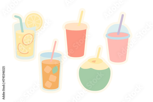 Five colorful summer beverage stickers featuring various cold drinks with straws