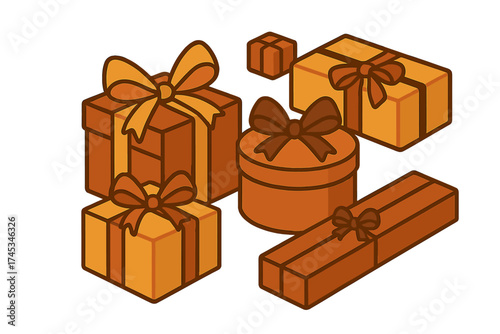 Isometric assortment of gift boxes with decorative ribbons in warm brown tones