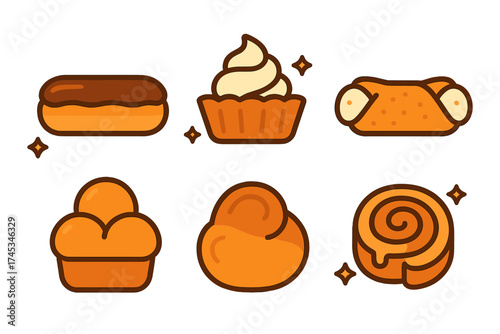 Set of stylized icons representing various sweet baked goods and pastries