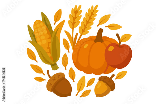 Circular arrangement of autumn harvest bounty featuring pumpkin corn wheat and acorns