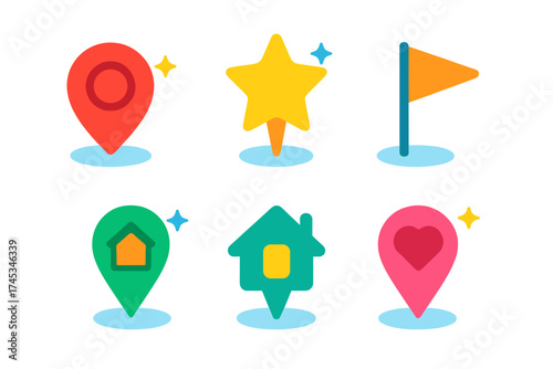 Set of colorful map location pins icons with star home and heart markers