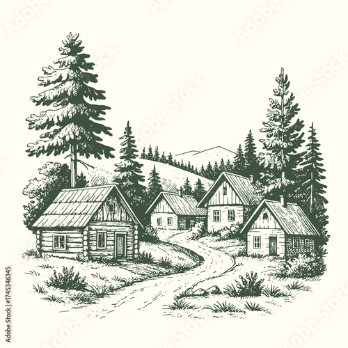 Small wooden cottages along a dirt path in pine forest, rural peaceful scenery.
