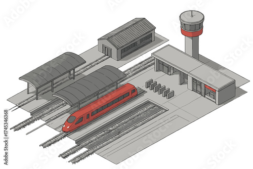 Isometric view of modern high speed train at station platform with control tower