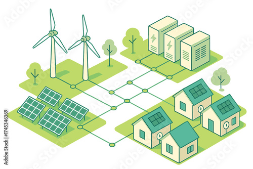 Isometric renewable energy grid connecting wind turbines solar panels and battery storage
