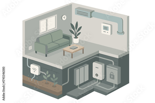 Isometric cross section of smart home systems in basement and living area