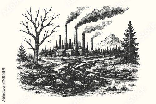 Factory with smoking chimneys polluting air near bare trees, grim environmental scene.