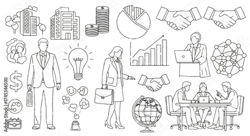 Handdrawn business icons and elements, representing various aspects of business