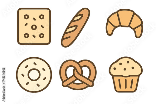 Set of stylized icons for various baked goods including croissant, donut, pretzel, and bread