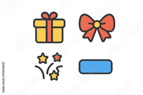 Colorful icons representing gift giving, celebration, and party elements