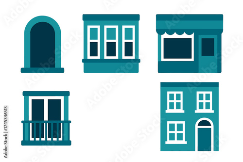 Set of stylized architectural facade elements including windows and building fronts