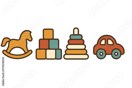 Collection of classic wooden baby toys icons featuring rocking horse blocks and stacking ring