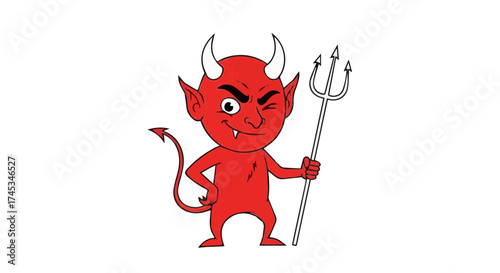 Cartoon devil, a cute and mischievous character with a pitchfork and horns