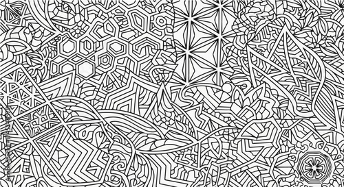 Complex geometric pattern in black and white, intricate line art design