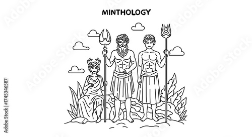 Illustration of poseidon, zeus, and hades from greek mythology, standing with trident