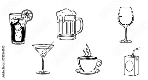 Collection of various beverages, including cocktails, beer, wine, coffee, juice