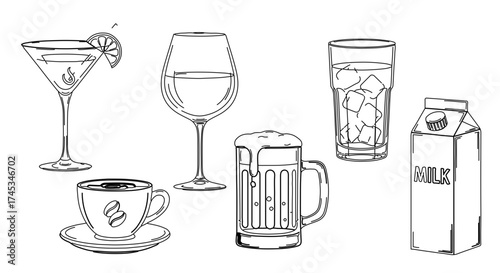 Collection of various beverages, including cocktails, wine, beer, coffee, milk