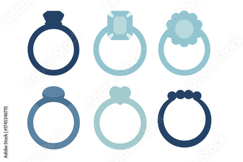 Six stylized jewelry rings featuring various gemstone shapes and settings