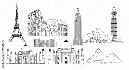 World landmarks sketch, showcasing iconic architectural wonders from around the globe