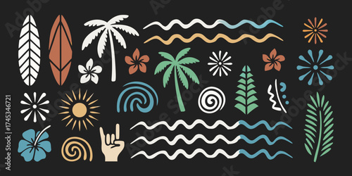 Collection of hawaiian and surf inspired graphic elements including palm trees surfboard flowers sun and waves