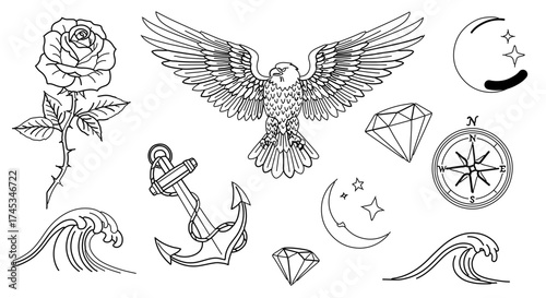 Collection of tattoo designs featuring rose, eagle, anchor, moon, diamond, and compass