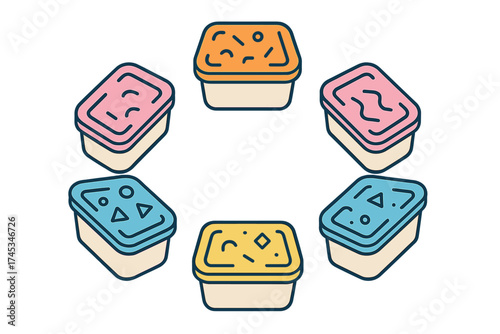Colorful food dipping sauce containers arranged in a circular pattern