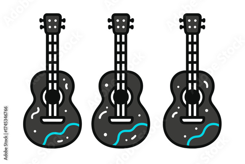 Collection of three dark stringed musical instruments featuring blue wave accents