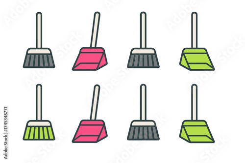 Colorful dustpan and broom icons for household cleaning tasks
