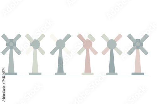 Stylized wind turbines in muted pastel colors arranged in a horizontal row
